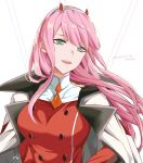  :d absurdres aqua_eyes cape copyright_name darling_in_the_franxx floating_hair grey_hairband hairband hanawi_nova head_tilt highres horns long_hair military military_uniform open_mouth pink_hair shiny shiny_hair smile solo uniform upper_body very_long_hair white_background white_cape zero_two_(darling_in_the_franxx) 