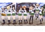  :d ;) ;d absurdres anchovy arms_up bag black_bow black_hair black_legwear black_neckwear blonde_hair blue_legwear blue_sky bow brown_eyes brown_footwear copyright_name darjeeling day drill_hair eyebrows_visible_through_hair girls_und_panzer grin hair_between_eyes hair_bow hand_in_hair hand_on_another's_shoulder hat head_tilt highres holding holding_instrument index_finger_raised instrument kantele katyusha kay_(girls_und_panzer) kneehighs loafers long_hair looking_at_viewer mika_(girls_und_panzer) miniskirt multiple_girls nishi_kinuyo nishizumi_maho nishizumi_miho official_art one_eye_closed ooarai_school_uniform open_mouth outdoors page_number pleated_skirt school_uniform shiny shiny_hair shirt shoes short_hair silver_hair skirt sky smile thighhighs twin_drills twintails very_long_hair w white_hat white_shirt yoshida_nobuyoshi zettai_ryouiki 