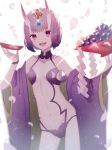  :d bangs breasts cleavage collarbone cowboy_shot cup fangs fate/grand_order fate_(series) hair_ornament highres horns navel open_mouth panties purple_eyes purple_hair purple_panties sakazuki short_hair shuten_douji_(fate/grand_order) small_breasts smile solo sparkle standing umeko_208 underwear white_background 