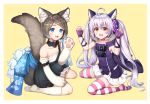  :3 :d ahoge animal_ears arms_up bangs bare_shoulders beige_background blue_bow blue_eyes blush bow braid brown_hair cat_ear_headphones character_request claw_pose collarbone commentary dress english_commentary eyebrows_visible_through_hair facial_mark fingerless_gloves forever_7th_capital gloves green_skirt hair_between_eyes headphones headset highres japanese_clothes kneehighs looking_at_viewer multiple_girls no_shoes off-shoulder_shirt open_mouth parted_bangs paw_gloves paws purple_dress purple_gloves rangen shirt short_hair silver_hair skirt sleeveless sleeveless_shirt smile star striped striped_legwear suspender_skirt suspenders suspenders_slip tail thighhighs twintails two-tone_background white_background white_legwear white_shirt 