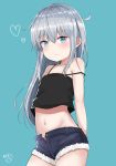  aqua_background bangs bare_arms bare_shoulders black_camisole blue_eyes blue_shorts blush camisole closed_mouth collarbone commentary_request crop_top cutoffs denim denim_shorts eyebrows_visible_through_hair fine_fabric_emphasis hair_between_eyes heart hibiki_(kantai_collection) highres kantai_collection long_hair looking_at_viewer micro_shorts midriff navel noeru_(gt17854) open_clothes open_fly open_shorts shorts signature silver_hair simple_background solo spaghetti_strap strap_slip unbuttoned very_long_hair 