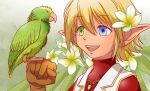  :d androgynous aura_bella_fiora bird blonde_hair blue_eyes brown_gloves flower gloves green_eyes hair_between_eyes heterochromia jewelry k-ta necklace open_mouth overlord_(maruyama) parakeet pointy_ears red_shirt shirt short_hair smile solo 