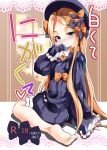  abigail_williams_(fate/grand_order) bangs barefoot black_bow black_dress black_hat blonde_hair bloomers blue_eyes blush bow closed_mouth commentary_request cover cover_page doujin_cover dress eyebrows_visible_through_hair fate/grand_order fate_(series) forehead hair_bow hand_up hat head_tilt l-trap long_hair long_sleeves looking_at_viewer looking_to_the_side nose_blush orange_bow parted_bangs polka_dot polka_dot_bow sleeves_past_fingers sleeves_past_wrists smile soles solo translation_request underwear very_long_hair white_bloomers 