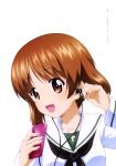  :d absurdres brown_eyes brown_hair collarbone copyright_name digital_media_player earphones eyebrows_visible_through_hair girls_und_panzer highres holding ipod looking_at_viewer nishizumi_miho official_art ooarai_school_uniform open_mouth page_number portrait school_uniform shiny shiny_hair shirt short_hair simple_background smile solo white_background white_shirt yoshida_nobuyoshi 