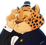  2017 4_fingers absurd_res anthro benjamin_clawhauser bow_tie brown_eyes bust_portrait cheetah clothed clothing disney eyewear feline fur grainy hat hi_res lapel_pin male mammal monocle pointedfox portrait signature simple_background solo spots spotted_fur suit white_background zootopia 