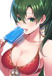  bare_shoulders bikini breasts cleavage commentary_request fire_emblem fire_emblem:_rekka_no_ken food green_eyes green_hair highres holding large_breasts long_hair lyndis_(fire_emblem) nail_polish open_mouth popsicle red_bikini ringozaka_mariko simple_background solo swimsuit white_background 