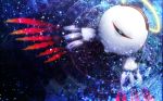  blue commentary_request dark_background floral_background halo kirby_(series) kirby_64 kurosiro light_particles looking_at_viewer no_humans one-eyed partially_submerged red_eyes ripples solo squinting wings zero_two_(kirby) 