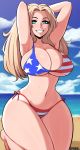  afrobull america american_flag american_flag_bikini aqua_eyes armpits arms_up bikini breasts cleavage commentary covered_nipples curvy day english_commentary flag_print girls_und_panzer groin huge_breasts kay_(girls_und_panzer) kneeling light_brown_hair long_hair navel pinup side-tie_bikini solo strap_gap sweat swimsuit thick_thighs thighs underboob wet wide_hips 