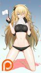  ass_visible_through_thighs bad_id bad_pixiv_id bangs bare_legs barefoot black_bodysuit black_gloves black_panties black_shirt black_shorts blonde_hair blue_background blush bodysuit breasts commentary_request eyebrows_visible_through_hair finger_in_mouth fingerless_gloves flag flower girls_frontline gloves gradient gradient_background greem_bang green_eyes groin hair_between_eyes hairband hand_on_own_face hands_up highres holding holding_flag impossible_clothes kneeling large_breasts long_hair looking_at_viewer messy_hair mouth_hold navel one_eye_closed orange_hairband panties partial_bodysuit patreon_logo petals s.a.t.8_(girls_frontline) shirt shirt_in_mouth shirt_lift short_sleeves shorts sidelocks skin_tight solo stomach thighs underwear very_long_hair white_flag white_flower white_shirt 