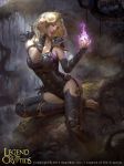  bare_shoulders blonde_hair bodysuit breasts cleavage copyright_name fire highres jewelry leaf legend_of_the_cryptids lius_lasahido long_hair nail_polish official_art ring sitting solo teeth tree watermark web_address 