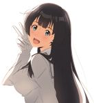  :d agano_(kantai_collection) alternate_costume black_hair blue_eyes breasts gloves kantai_collection key_kun large_breasts long_hair looking_at_viewer open_mouth simple_background smile solo uniform upper_body white_background white_gloves white_uniform 