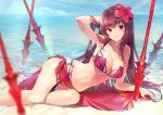  arm_support arm_up bangs bare_arms bare_shoulders beach bikini blue_sky blush breasts brown_hair cleavage cloud cloudy_sky collarbone commentary_request day eyebrows_visible_through_hair fate/grand_order fate_(series) flower gae_bolg hair_between_eyes hair_flower hair_intakes hair_ornament hibiscus horizon kagachi_saku large_breasts leg_garter lens_flare long_hair looking_at_viewer navel ocean outdoors parted_lips planted_weapon purple_bikini purple_hair purple_sarong red_bikini red_eyes red_flower sand sarong scathach_(fate)_(all) scathach_(swimsuit_assassin)_(fate) shiny shiny_skin sky smile swimsuit very_long_hair water weapon 