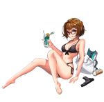  arm_support bag bangs bare_arms bare_legs bare_shoulders barefoot beudyek bikini black-framed_eyewear black_bikini breasts brown_hair cleavage collarbone commentary_request cup drink drinking_glass drinking_straw eyebrows_visible_through_hair eyewear_removed front-tie_bikini front-tie_top girls_frontline grizzly_mkv grizzly_mkv_(girls_frontline) gun handgun head_tilt holding holding_cup korean_commentary medium_breasts object_namesake pistol red_eyes shopping_bag short_hair side-tie_bikini simple_background sitting solo sunglasses swimsuit thick_eyebrows weapon white_background 