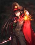 black_hair cape cowboy_shot fate/grand_order fate_(series) floating_hair gloves grin hair_between_eyes hat highres holding holding_sword holding_weapon katana long_hair looking_at_viewer military military_hat military_uniform oda_nobunaga_(fate) red_cape red_eyes sakaokasan smile solo standing sword uniform very_long_hair weapon white_gloves 