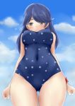  absurdres ass_visible_through_thighs black_hair blue_sky blue_swimsuit blush breasts cloud cloudy_sky day from_below grey_eyes highres kantai_collection koru_pera large_breasts long_hair looking_at_viewer one-piece_swimsuit polka_dot polka_dot_swimsuit sky solo swimsuit ushio_(kantai_collection) 