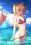  1girl admiral_hipper_(azur_lane) ahoge alternate_costume anger_vein angry aono_meri azur_lane bangs bare_shoulders beach bikini bikini_tug blonde_hair blue_sky blurry blush breasts cloud collarbone commentary_request day depth_of_field eyebrows_visible_through_hair green_eyes groin hair_between_eyes headgear highres iron_cross long_hair looking_at_viewer mole navel ocean out_of_frame outdoors parted_lips pov red_bikini sky small_breasts solo_focus standing stomach sunlight swimsuit thighs thumbs_up twitter_username two_side_up wading 