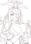 1girl bare_shoulders blush breasts center_opening cleavage collarbone elbow_gloves eyepatch gloves hand_on_breast large_breasts league_of_legends lolboja magical_girl sketch smile solo star_guardian_syndra syndra white_gloves 