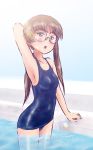  1girl armpits blonde_hair blush breasts brown_eyes girls_und_panzer glasses looking_at_viewer oono_aya open_mouth school_swimsuit small_breasts solo swimsuit twintails 