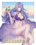  beach bikini breasts camilla_(fire_emblem_if) cleavage closed_mouth commentary cup drinking_glass fire_emblem fire_emblem_heroes fire_emblem_if flower hair_flower hair_ornament hair_over_one_eye highres holding holding_cup large_breasts lips long_hair navel purple_bikini purple_eyes purple_hair sarong seapancake see-through sidelocks sky solo swimsuit thighs twitter_username water 