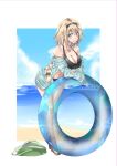  alternate_costume bare_shoulders beach bikini black_bikini blonde_hair blue_eyes blue_jacket blue_sky breasts collarbone contemporary day dorashieru eyebrows_visible_through_hair eyes_visible_through_hair fate/grand_order fate_(series) floral_print front-tie_top full_moon hair_between_eyes hairband highres innertube jacket jeanne_d'arc_(fate)_(all) jeanne_d'arc_(swimsuit_archer) large_breasts leaning_forward long_hair moon ocean outdoors parted_lips sand sky smile solo stomach swimsuit very_long_hair water 