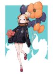 :o abigail_williams_(fate/grand_order) balloon bangs belt black_bow black_jacket blue_background blue_eyes blush bow commentary_request fate/grand_order fate_(series) hair_bow hair_bun heroic_spirit_traveling_outfit high_heels highres holding holding_balloon hoshi_rousoku jacket light_brown_hair long_hair long_sleeves multicolored_hair object_hug orange_belt orange_bow parted_bangs parted_lips polka_dot polka_dot_bow red_bow red_footwear shoes sleeves_past_fingers sleeves_past_wrists solo standing standing_on_one_leg stuffed_animal stuffed_toy teddy_bear tentacles two-tone_hair white_background 