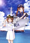  absurdres anchor binoculars boat breast_pocket brown_eyes brown_hair buttons cannon cloud collared_jacket day flag girls_und_panzer hat highres holding insignia japan_coast_guard kadotani_anzu military military_hat military_rank_insignia military_uniform military_vehicle multiple_girls naval_uniform nishizumi_miho ocean official_art open_mouth outdoors pocket radar salute ship skirt sky smile twintails uniform warship water watercraft weapon 