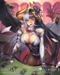  :d belt black_gloves black_hair black_wing bow bowtie breasts brown_legwear card cleavage commentary_request copyright_name cuboon demon_horns flower gloves hair_flower hair_ornament heterochromia horns indoors large_breasts leaning_forward long_hair long_sleeves lost_crusade multicolored_hair official_art open_mouth pantyhose plant playing_card poker_chip potted_plant red_eyes red_neckwear smile table two-tone_hair very_long_hair watermark white_hair white_wing yellow_eyes zipper 