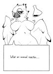  2018 amelia_abernachy anthro avian beak bird black_feathers black_sclera breasts dialogue english_text eyewear feathered_wings feathers female glasses inverted_nipples nipples nude owl pashoo potion simple_background slightly_chubby snowy_owl solo text white_feathers wide_hips wings 