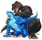  2018 4_fingers 4_toes abs anal anal_penetration animal_genitalia anthro arm_support biceps big_dom_small_sub big_hands big_tail black_penis black_scales black_tail blue_markings blue_penis blue_skin blue_stripes blue_tail claws clenched_teeth crocodilian domination dragon duo eyes_closed glowing glowing_eyes hand_on_shoulder hindpaw horn huge_tail humanoid_hands kneeling knot larger_male long_tail male male/male male_domination male_penetrating markings membranous_wings muscular muscular_male nude open_mouth paws pecs penetration penis pink_tongue raised_arm raised_tail red_eyes reptile rollwulf scales scalie sex sharp_claws sharp_teeth signature simple_background size_difference smaller_male snout spiked_tail spread_legs spreading ssimple_background stripes tabra teeth thick_tail thick_thighs toe_claws toes tongue triceps vein veiny_muscles white_background white_horn wings xer&#039;roc 