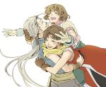  2boys :d brown_hair circlet closed_eyes commentary_request gensou_suikoden gensou_suikoden_ii gloves group_hug hairband hug jowy_atreides-blight long_hair moge3 multiple_boys nanami_(suikoden) open_mouth ponytail riou short_hair smile wristband 