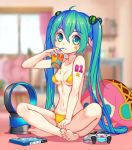  ahoge barefoot bikini bladeless_fan blurry breasts controller depth_of_field dreamcatcher drinking drinking_straw eyebrows_visible_through_hair food_themed_hair_ornament front-tie_top full_body game_controller green_eyes green_hair hair_between_eyes hair_bobbles hair_ornament hatsune_miku highres indian_style indoors long_hair megurine_luka number_tattoo sitting small_breasts solo swimsuit tattoo twintails very_long_hair vocaloid watermelon_hair_ornament yellow_bikini 