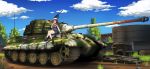  absurdres artist_name black_hair breasts cape caterpillar_tracks character_request cloud commentary day farmuhan glasses grass ground_vehicle gun highres machine_gun military military_vehicle motor_vehicle original short_hair sky tank tiger_ii tree war_thunder weapon 