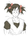  alternate_hairstyle ayo_(isy8800) bad_id bad_pixiv_id black_eyes black_hair dragon_ball dragon_ball_z eyebrows_visible_through_hair greyscale hair_ribbon half-closed_eyes looking_away monochrome nervous pink_ribbon ribbon short_hair simple_background solo son_gokuu spiked_hair spot_color sweatdrop twintails upper_body white_background 