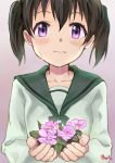  3: aayh absurdres bangs black_hair blush brown_background commentary_request eyebrows_visible_through_hair fingernails flower gradient gradient_background green_sailor_collar green_shirt hair_between_eyes highres holding holding_flower kuraue_hinata long_sleeves looking_at_viewer purple_eyes purple_flower sailor_collar school_uniform serafuku shirt signature solo tears twintails yama_no_susume 