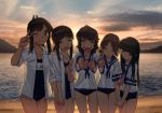  bangs beach blew_andwhite blue_swimsuit blunt_bangs brown_eyes brown_hair closed_eyes cowboy_shot double_v dress_shirt fubuki_(kantai_collection) green_eyes happy hatsuyuki_(kantai_collection) holding_hands i-401_(kantai_collection) kantai_collection long_hair looking_at_viewer low_ponytail low_twintails miyuki_(kantai_collection) multiple_girls name_tag ocean odd_one_out one-piece_swimsuit one_eye_closed open_clothes open_mouth open_shirt ponytail sailor_collar sailor_shirt school_swimsuit shirayuki_(kantai_collection) shirt short_hair short_ponytail sidelocks smile standing sunset swimsuit swimsuit_under_clothes twintails v wavy_hair 