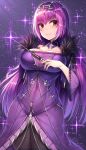  bangs beeyan blush breasts cleavage closed_mouth collarbone commentary covered_navel detached_collar dress fate/grand_order fate_(series) fur_trim hair_between_eyes highres hips jewelry large_breasts long_hair looking_at_viewer pantyhose purple_dress purple_hair red_eyes scathach_(fate)_(all) scathach_skadi_(fate/grand_order) smile solo sparkle thighs tiara wand 