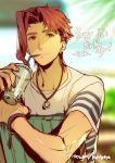  blurry blurry_background cup depth_of_field drinking_straw earrings english grey_shirt happy_birthday highres holding jewelry jojo_no_kimyou_na_bouken kakyouin_noriaki kotatsu_(g-rough) looking_at_viewer male_focus necklace outdoors palm_tree red_eyes red_hair shirt short_sleeves signature sipping sitting sitting_backwards sketch smile solo stardust_crusaders tree wristband 