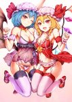  :d ;) arm_up babydoll bare_shoulders bat_wings beige_background blonde_hair blue_hair blush bow breasts cleavage clenched_hand collarbone commentary_request crystal eyebrows_visible_through_hair flandre_scarlet frills full_body garter_belt gradient gradient_background groin hair_between_eyes hand_up hat hat_ribbon head_tilt highleg highleg_panties highres jumping lingerie looking_at_viewer mayonaka_taruho medium_breasts mob_cap multiple_girls navel one_eye_closed open_mouth panties pink_eyes pink_hat pink_panties red_footwear red_panties red_ribbon remilia_scarlet ribbon see-through shoes short_hair siblings sisters smile stomach thighhighs thighs touhou underwear underwear_only white_background white_legwear wings wrist_cuffs yellow_bow 