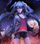  artist_name black_shorts blue_hair bracelet breasts cleavage collar collarbone cowboy_shot earrings floating_hair grey_jacket hatsune_miku headphones highres hoop_earrings jacket jewelry long_hair looking_at_viewer medium_breasts open_clothes open_jacket purple_eyes purple_shirt shirt short_shorts shorts smile solo standing twintails very_long_hair vocaloid wulben 