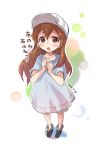  bangs baseball_cap black_footwear blush boots brown_eyes brown_hair commentary_request dated full_body grey_hat grey_shirt grey_shorts hands_up hat hataraku_saibou long_hair looking_at_viewer nanabuluku parted_lips platelet_(hataraku_saibou) shirt short_sleeves shorts solo standing 