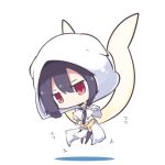  bangs beni_shake black_hair black_legwear capelet chibi closed_mouth commentary_request dress eyebrows_visible_through_hair fate/grand_order fate_(series) flying flying_sweatdrops hair_between_eyes head_tilt hood hood_down hooded_capelet looking_away ortlinde_(fate/grand_order) red_eyes short_hair solo thighhighs valkyrie_(fate/grand_order) white_background white_capelet white_dress 