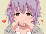  blush brown_eyes close-up commentary_request hair_flaps hair_ornament hairclip heart heart_hands idolmaster idolmaster_cinderella_girls kirarin369 koshimizu_sachiko looking_at_viewer purple_hair short_hair simple_background sleeves_past_wrists smile solo 