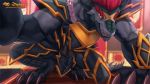  2018 armor batzz_(buddyfight) black_scales claws crouching demon dragon future_card_buddyfight hair horn looking_at_viewer male open_mouth scales selfie smile solo teeth zephyxus 