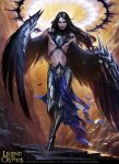  abs armored_boots artist_name bare_shoulders black_hair blue_eyes boots chest copyright_name feathered_wings feathers legend_of_the_cryptids long_hair male_focus official_art rock shirtless solo tatiana_kirgetova tattoo wings 