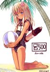  barefoot beachball blonde_hair blue_eyes blush breasts character_name closed_mouth commentary_request copyright_name dada_(esoragoto) eyebrows_visible_through_hair flower hair_flower hair_ornament kantai_collection kneeling long_hair looking_at_viewer one-piece_swimsuit palm_tree ro-500_(kantai_collection) school_swimsuit small_breasts smile swimsuit tan tanline torpedo tree white_hair 