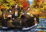  absurdres arm_support asymmetrical_bangs autumn autumn_leaves bangs black_footwear black_hair blue_sky blush_stickers boots braid brown_eyes brown_footwear brown_hair brown_hat brown_jacket camouflage chi-hatan_(emblem) chi-hatan_military_uniform cloud cloudy_sky crossed_arms cup day emblem food fukuda_(girls_und_panzer) girls_und_panzer glasses green_eyes ground_vehicle hair_over_shoulder hair_rings hair_tie hat helmet highres hosomi_(girls_und_panzer) jacket knee_boots long_hair long_sleeves looking_at_another military military_uniform military_vehicle miniskirt motor_vehicle multiple_girls nishi_kinuyo official_art onigiri open_mouth outdoors pleated_skirt round_eyewear shading_eyes shirt short_hair single_braid sitting skirt sky smile standing tamada_(girls_und_panzer) tank thermos tree twin_braids twintails type_97_chi-ha uniform wading white_shirt yellow_skirt zipper 