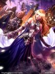  1girl 1other ambiguous_gender armor artist_name bare_shoulders belt blonde_hair blue_eyes cape cloud copyright_name dragon faceless faceless_male fantasy flower full_armor gloves hair_flower hair_ornament helmet knight legend_of_the_cryptids long_hair official_art shuichi_wada sky solo_focus sword weapon 