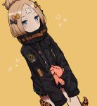 abigail_williams_(fate/grand_order) alternate_hairstyle bandaid_on_forehead bangs belt black_bow black_jacket blonde_hair blue_eyes blush bow closed_mouth commentary_request coraman fate/grand_order fate_(series) forehead hair_bow hair_bun heroic_spirit_traveling_outfit high_collar holding holding_stuffed_animal jacket long_hair looking_at_viewer orange_bow parted_bangs polka_dot polka_dot_bow simple_background sleeves_past_fingers sleeves_past_wrists solo star stuffed_animal stuffed_toy teddy_bear tentacles thighs yellow_background 
