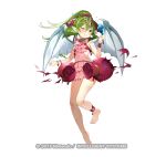  ankleband bangs barefoot blush bracelet chiki clenched_teeth dress fire_emblem fire_emblem:_monshou_no_nazo fire_emblem_heroes full_body green_eyes green_hair headpiece holding jewelry long_hair matsui_hiroaki official_art one_eye_closed pink_dress pointy_ears ponytail short_dress simple_background solo teeth watermark white_background wings 