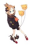  abigail_williams_(fate/grand_order) absurdres alternate_hairstyle balloon bandaid_on_forehead bangs belt black_bow black_jacket blonde_hair blue_eyes blush bow commentary_request fate/grand_order fate_(series) forehead hair_bow hair_bun heroic_spirit_traveling_outfit high_collar highres holding holding_stuffed_animal jacket legs loafers long_hair looking_at_viewer looking_up open_mouth orange_bow osanai parted_bangs polka_dot polka_dot_bow shoes simple_background sleeves_past_fingers sleeves_past_wrists solo stuffed_animal stuffed_toy suction_cups teddy_bear tentacles thighs white_background 